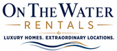 On The Water Rentals logo with brown houses, blue water, palm trees, and a yellow sun
