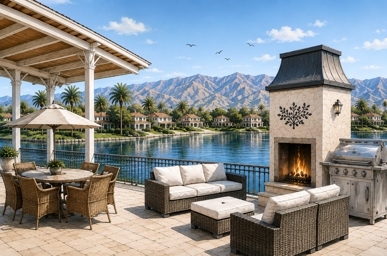 Patio with wicker seating and fireplace beside a pool, framed by mountains and palm trees.