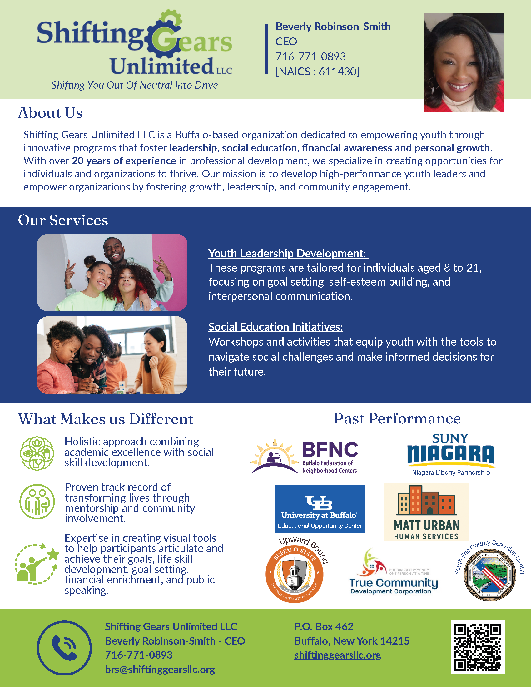 Shifting Gears Unlimited flyer with services, contact details, logos, and a small portrait on a blue-green layout