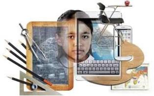 A girl's face split, showing a chalkboard and tablet, symbolizing the evolution of education.