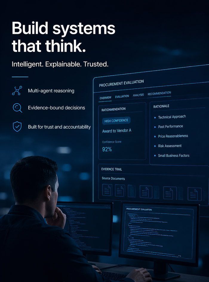 Dark blue tech workspace with a person at dual monitors and a screen reading “Build systems that think.”