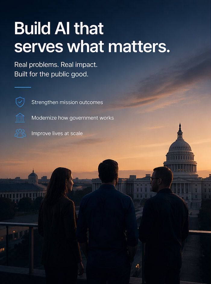 AI campaign poster at sunset with three silhouetted people facing the U.S. Capitol and headline “Build AI that serves what matters.”