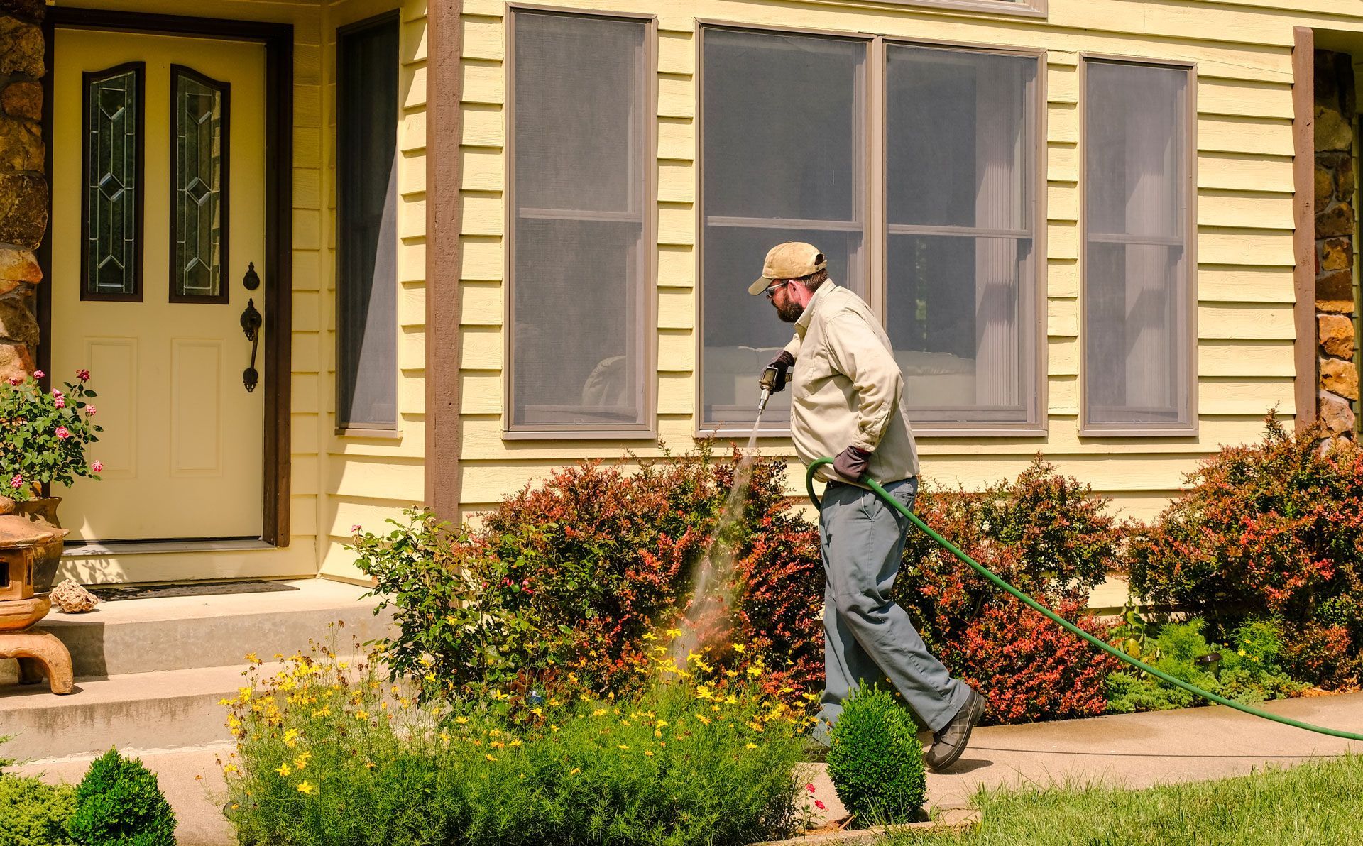 Person walking beside a house with a garden and shrubs in front of the windows