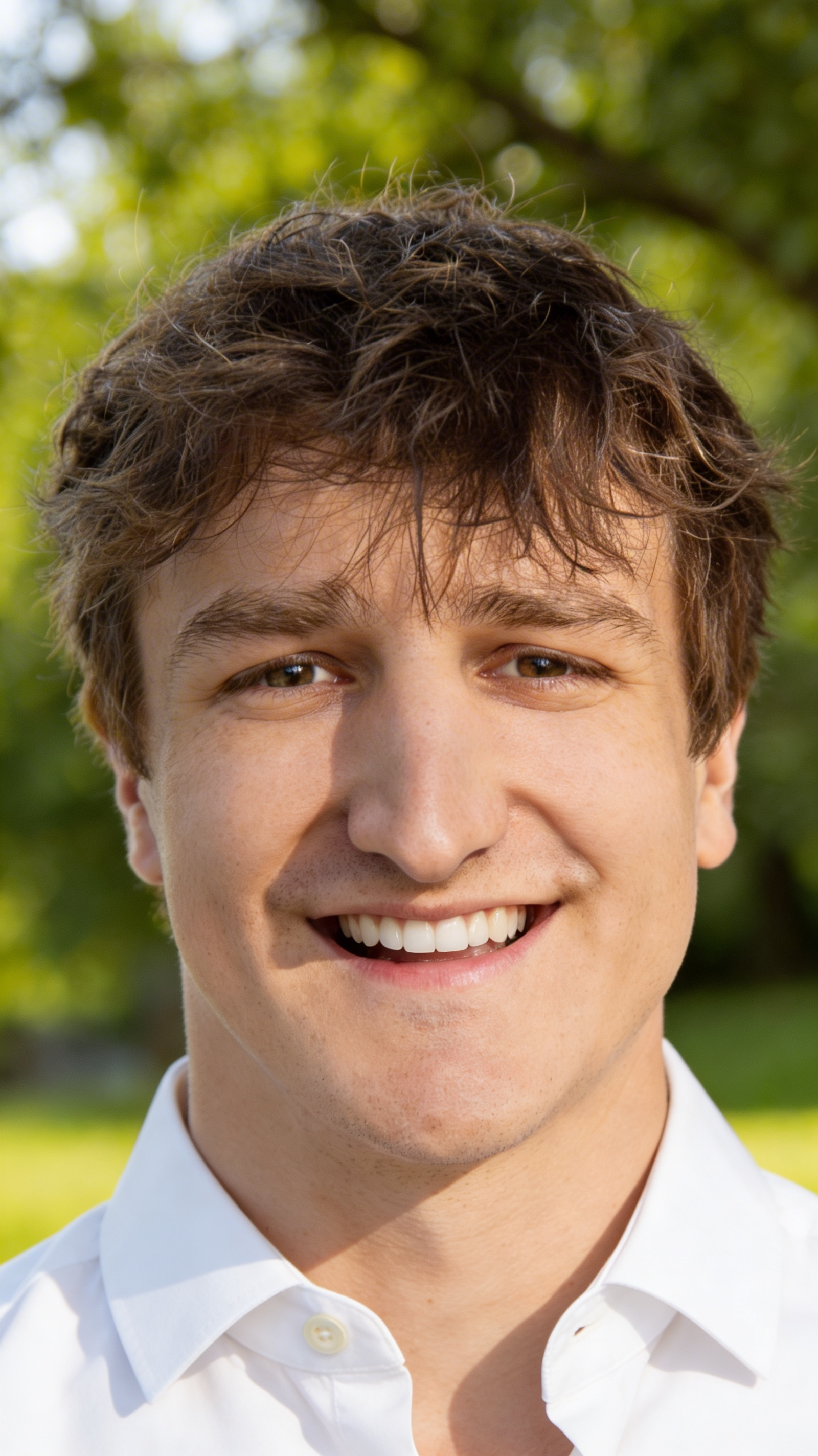 Smiling person with light brown hair in a white shirt, outdoors with blurred green background.