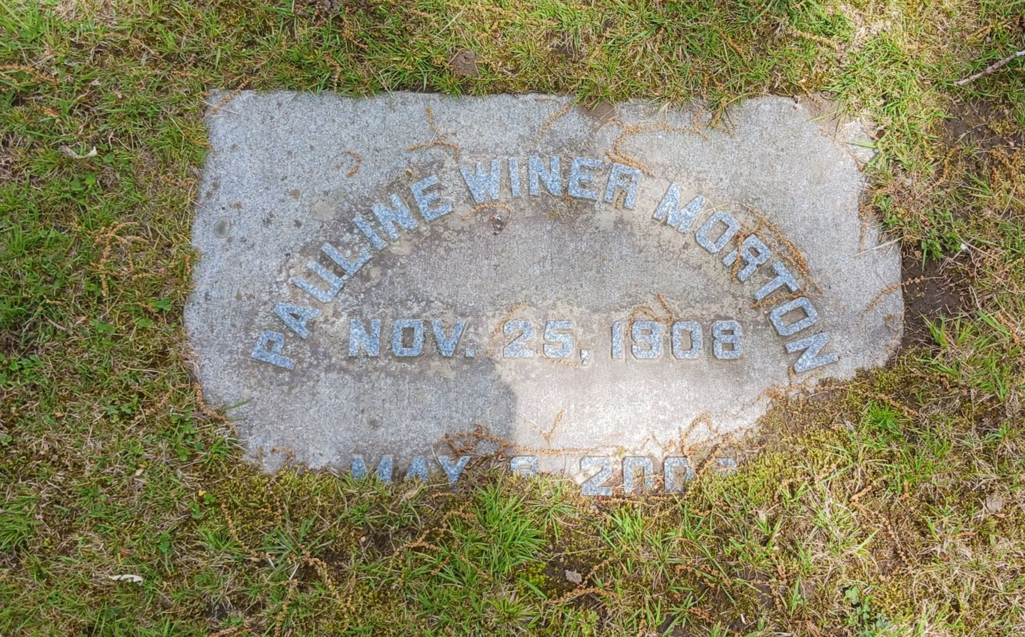 Dirty granite footstone that has partially sunken below the grade