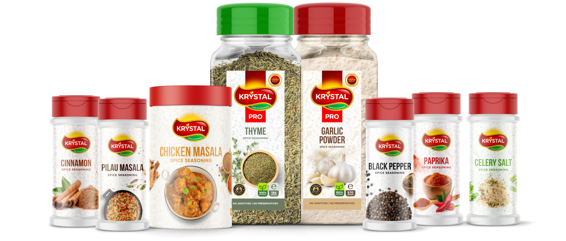 A collection of spice jars with red and green lids, various herbs and spices visible within.