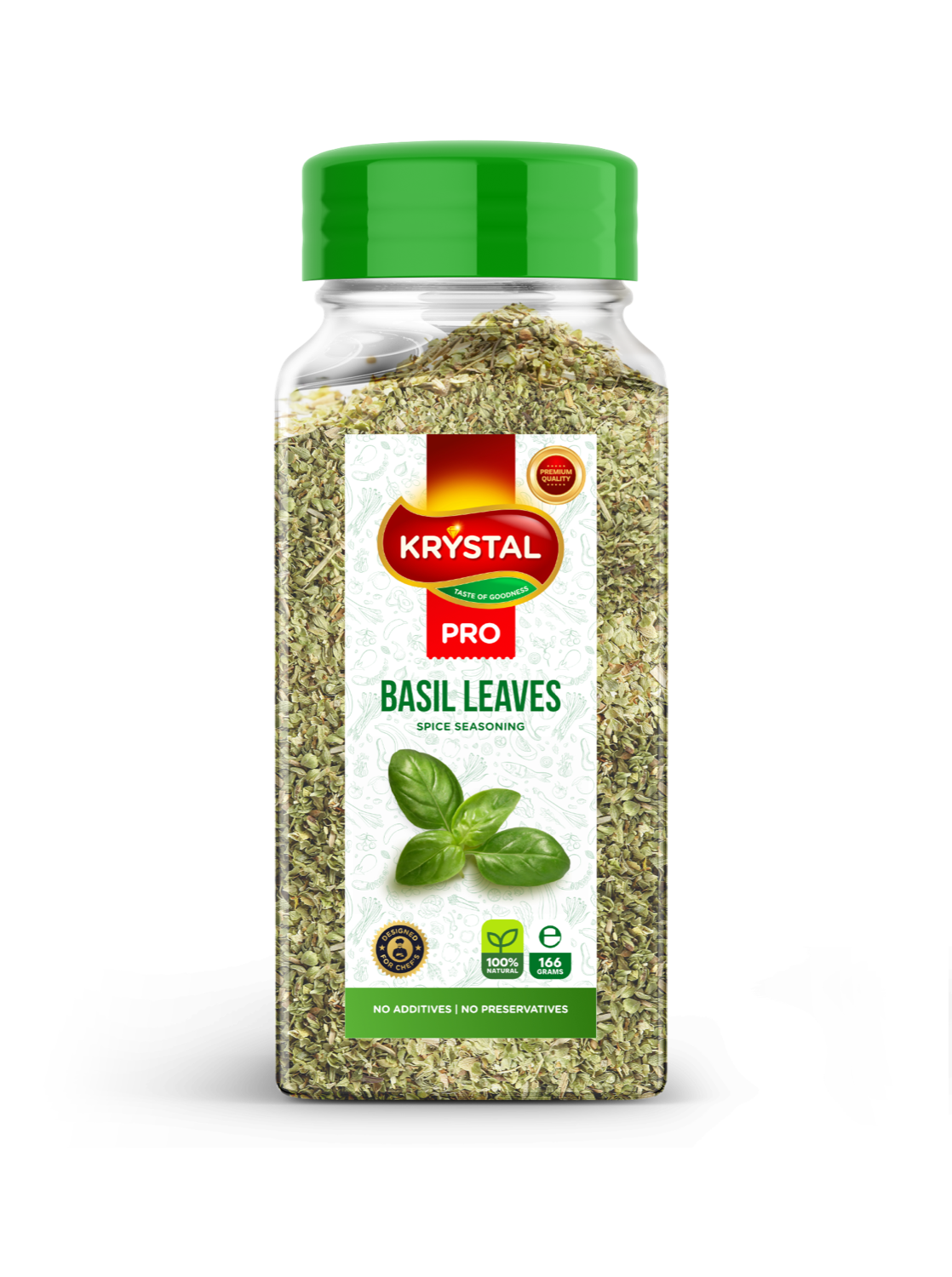 Jar of Krystal Pro Basil Leaves with a green lid, white label, and dried basil inside.