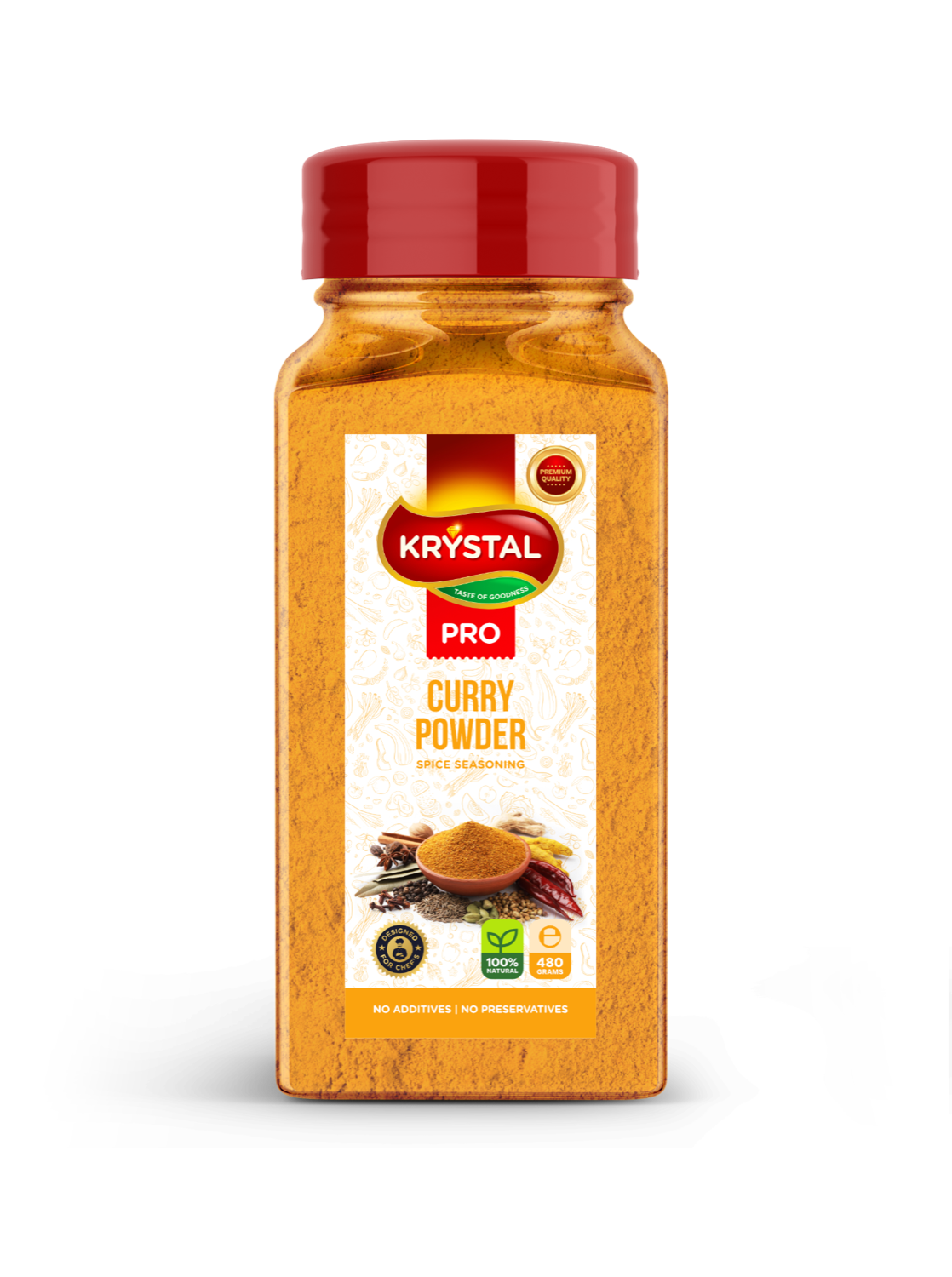 Bottle of Krystal Pro Curry Powder, orange label, brown spices, red cap.