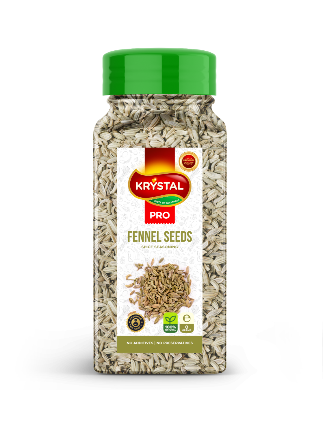 Jar of Krystal Pro fennel seeds, white and brown. Green lid, white label with text.