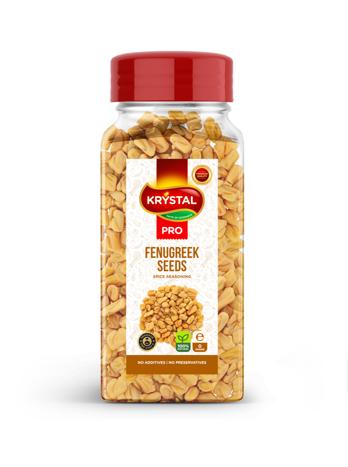 Jar of Krystal Pro fenugreek seeds, tan-colored seeds, red lid, white label.