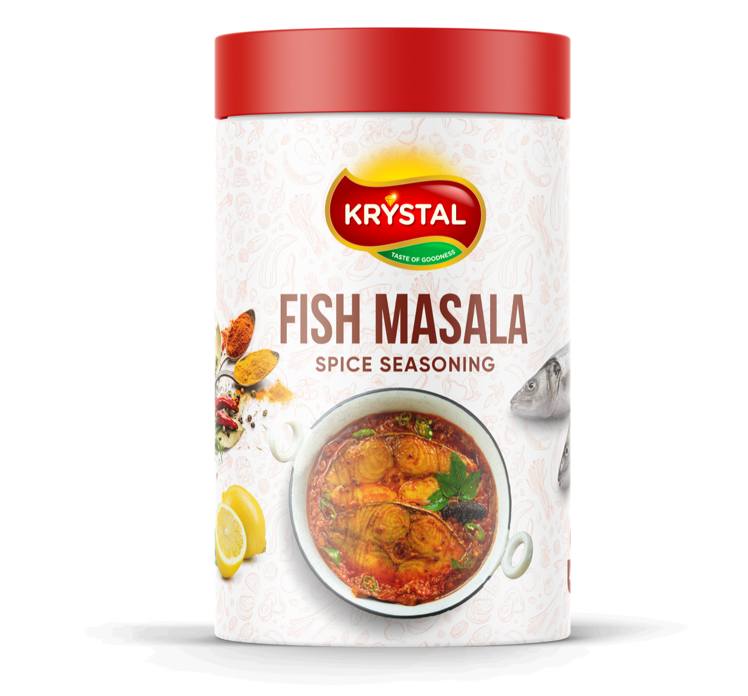 Krystal Fish Masala spice seasoning container with red lid; a fish dish and ingredients are displayed.