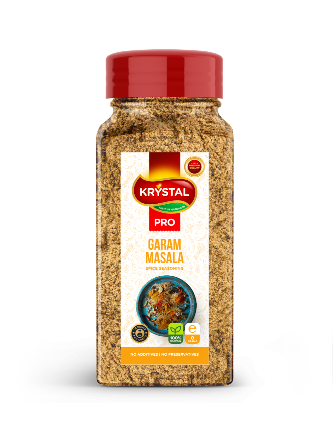 Spice jar of Krystal Pro Garam Masala. Red lid, rectangular label with product image.