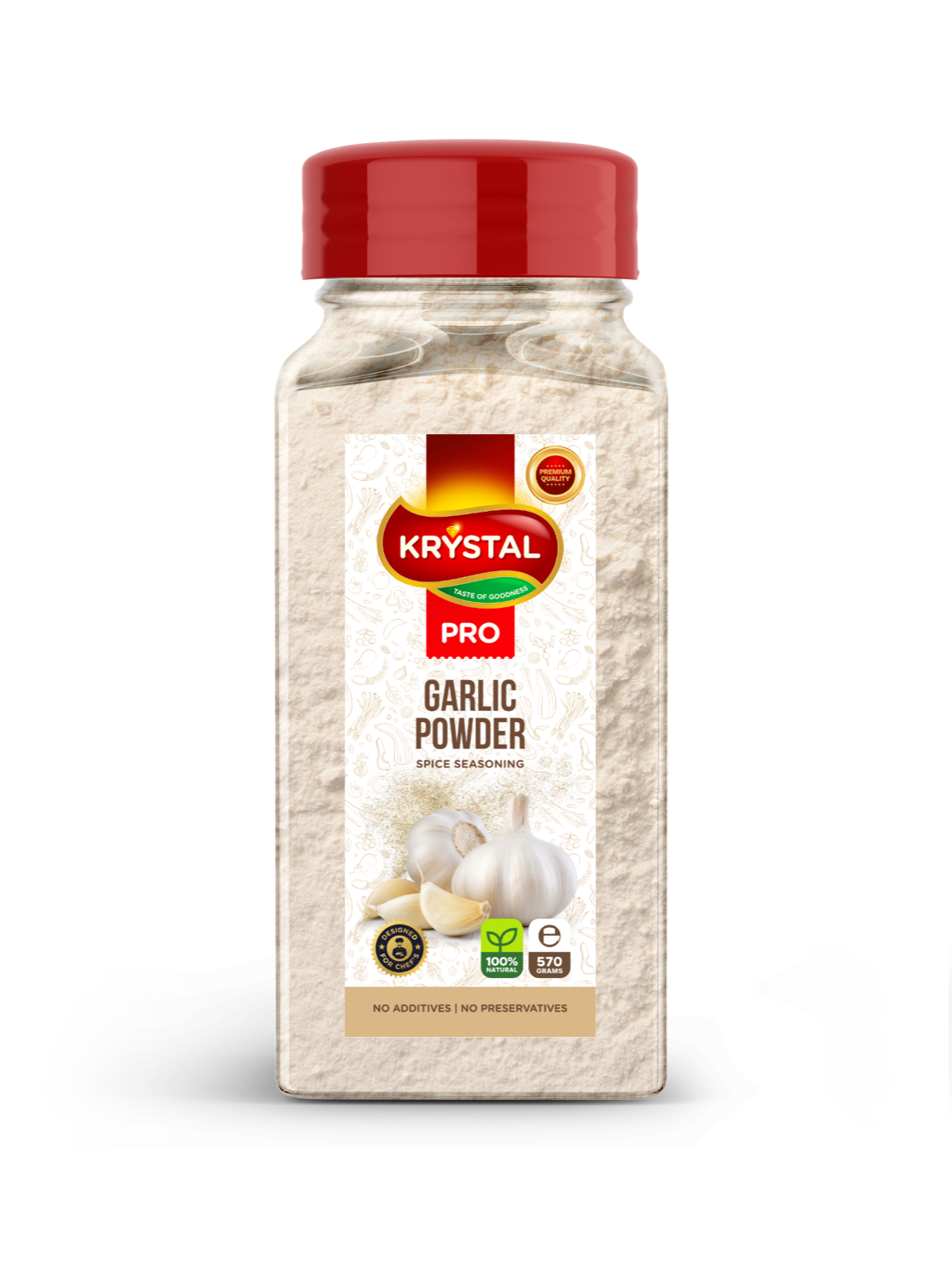 Krystal Pro garlic powder bottle, white powder, red cap, label with garlic graphic.