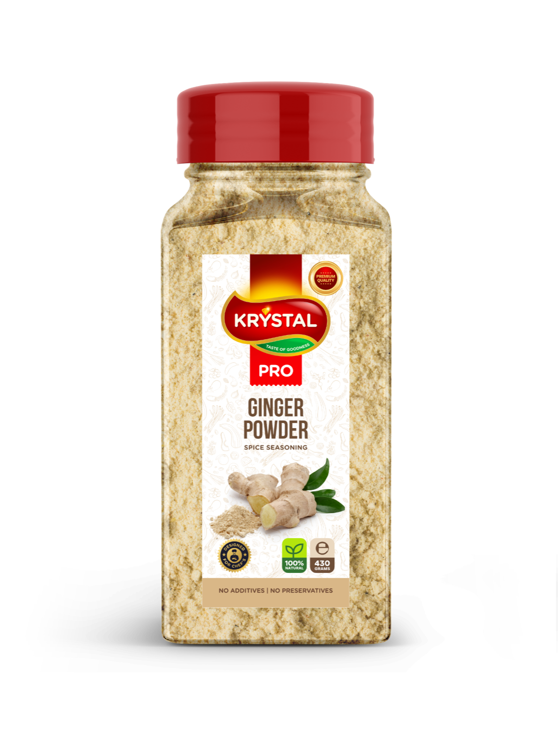 Jar of Krystal Pro ginger powder, beige powder with red cap and label, ginger root graphic.