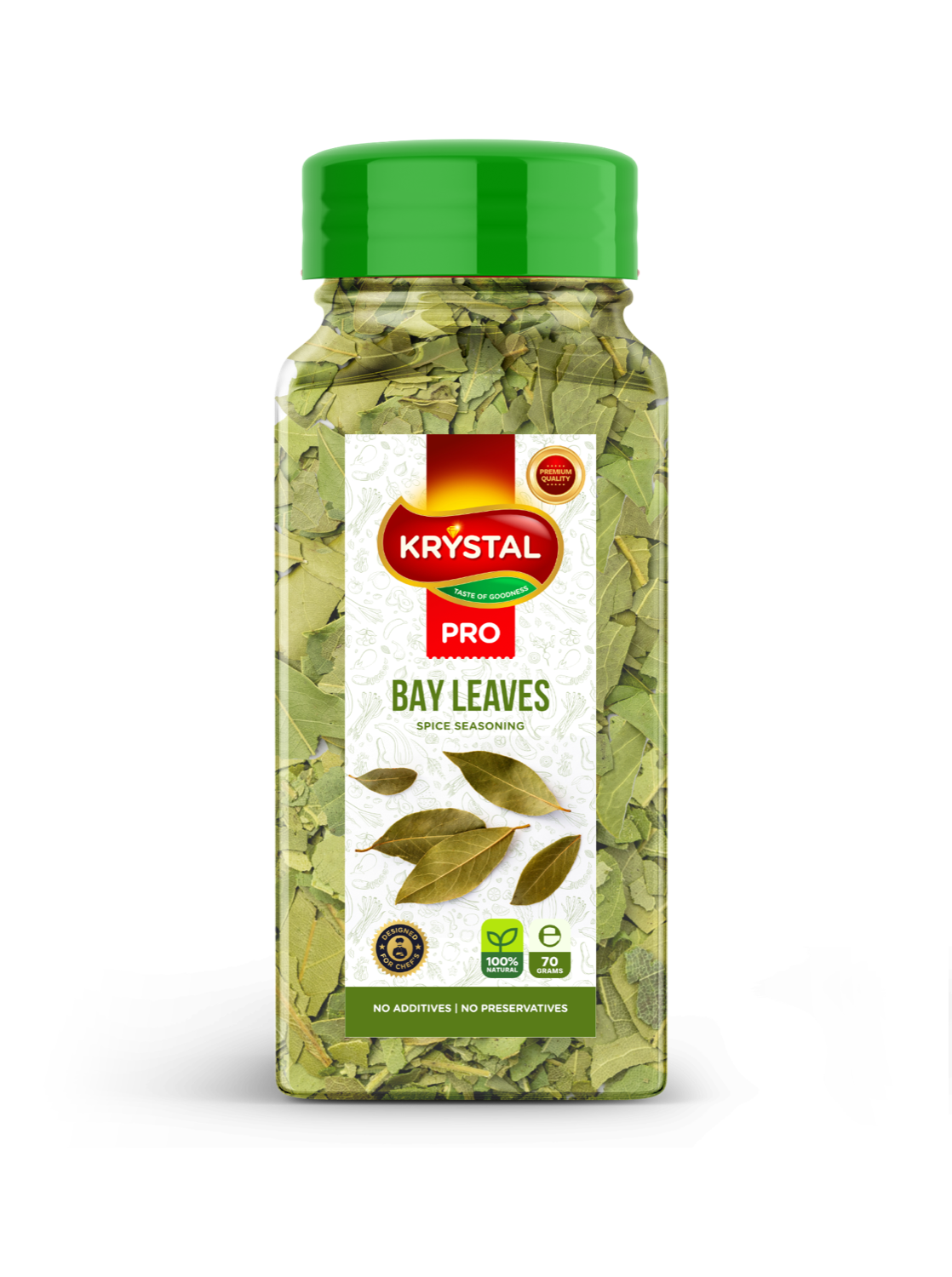 Jar of Krystal Pro bay leaves. Green lid, white label with red and gold details.