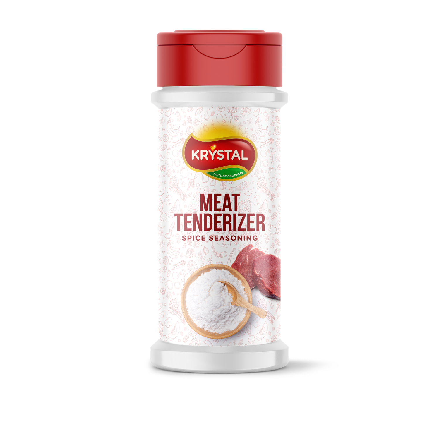 Bottle of Krystal Meat Tenderizer seasoning with red cap, white label, and meat image.