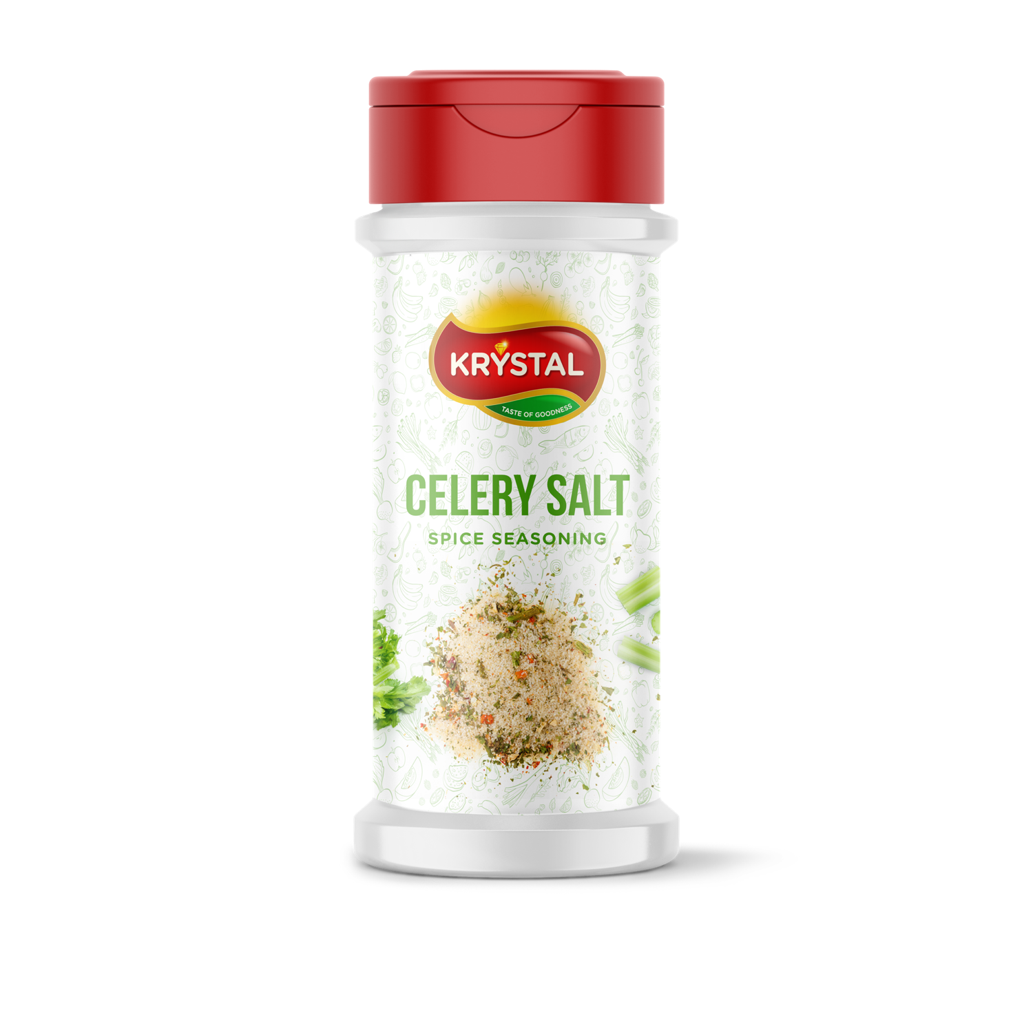 Bottle of Krystal Celery Salt spice seasoning. Red cap, white container with label and contents visible.