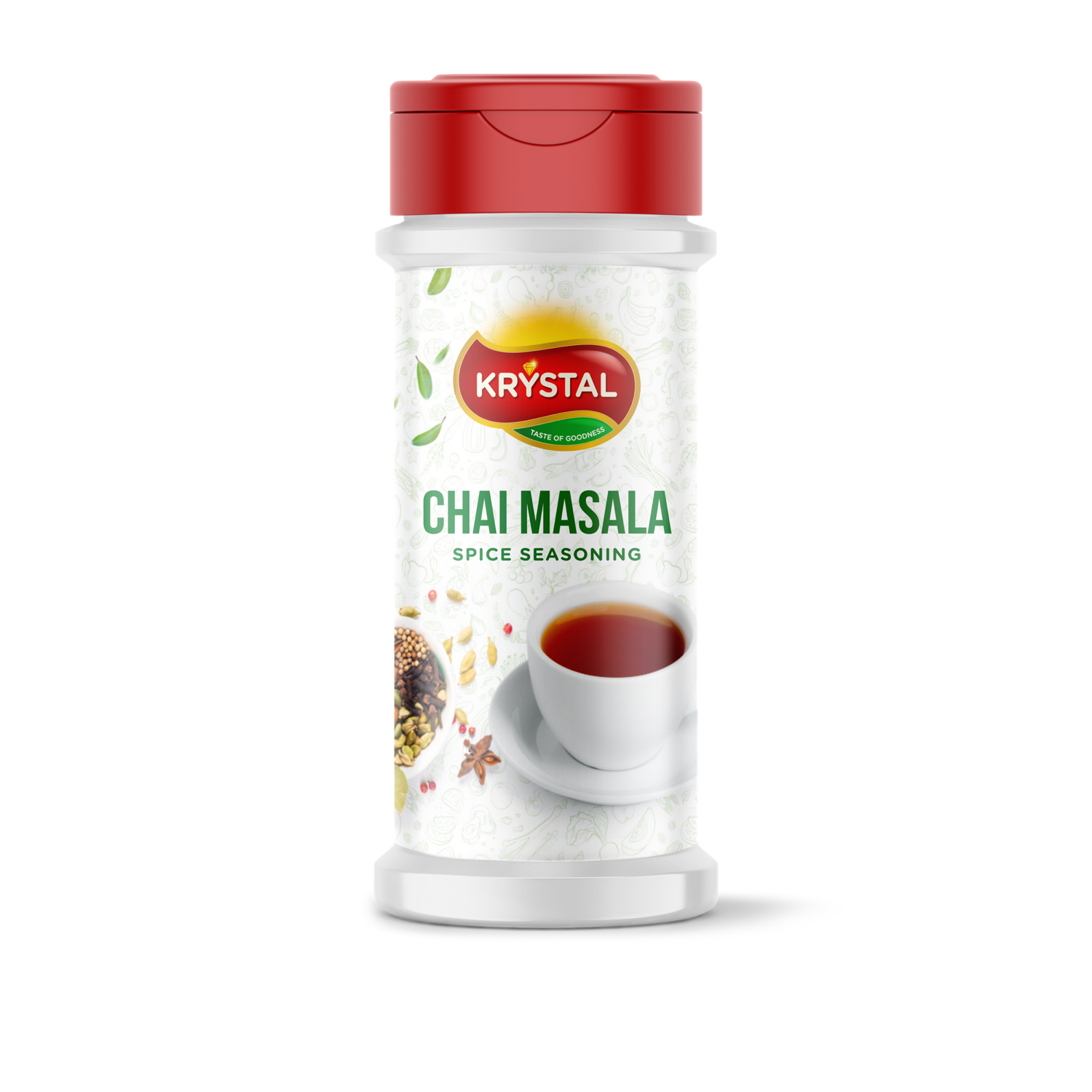 Chai Masala spice seasoning container with red cap, white label, and cup of tea graphic.