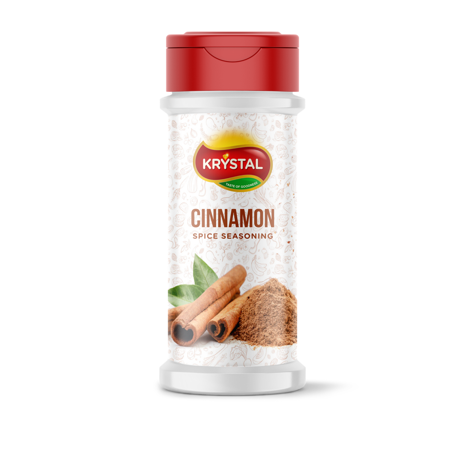 A container of Krystal brand cinnamon spice seasoning, red cap, white bottle with illustration of cinnamon sticks and powder.