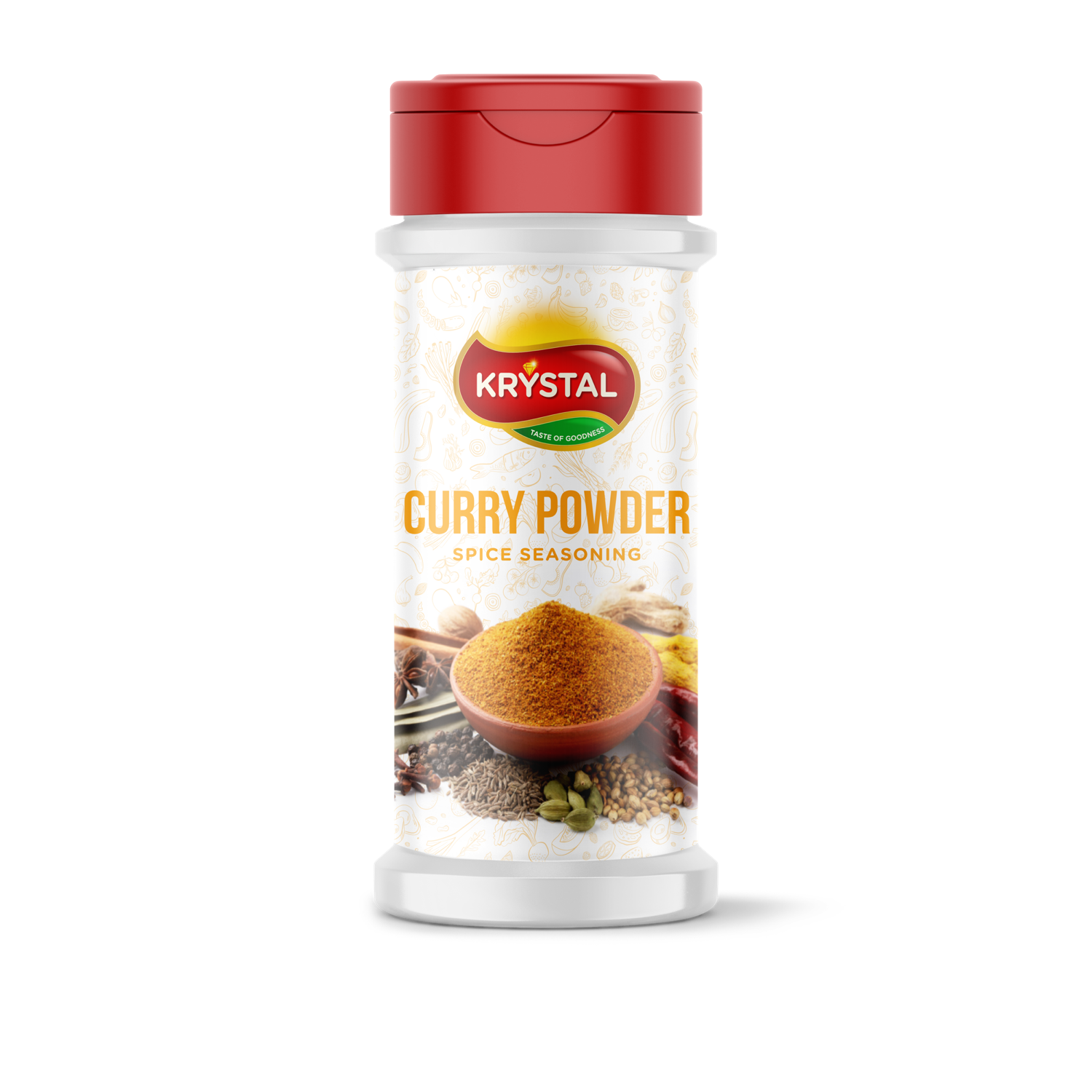 Krystal curry powder spice seasoning in a clear plastic container with a red lid.