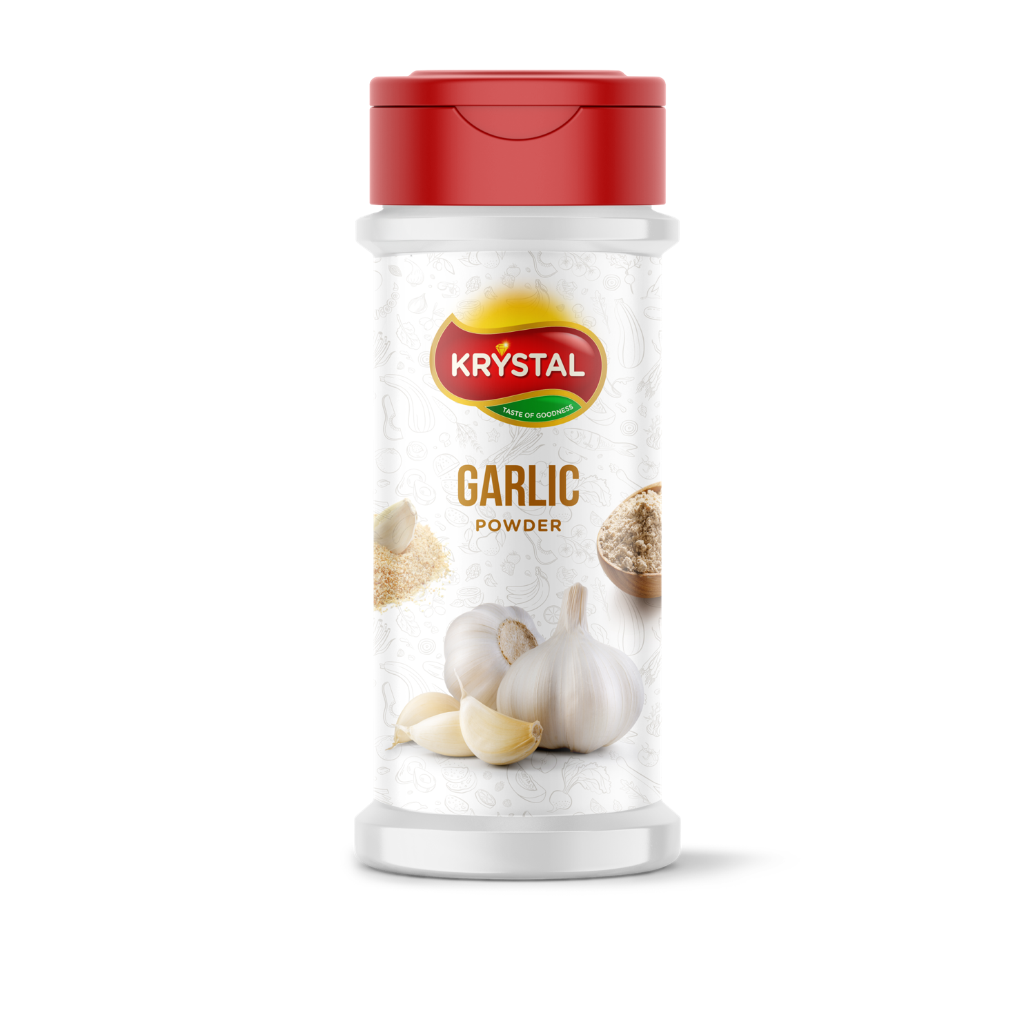 Garlic powder container, red cap, white label, Krystal brand. Features garlic bulbs and powder illustrations.