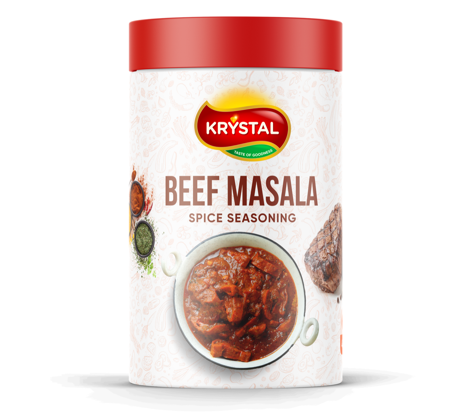Krystal Beef Masala spice seasoning container with a red lid. It displays the dish and spices.