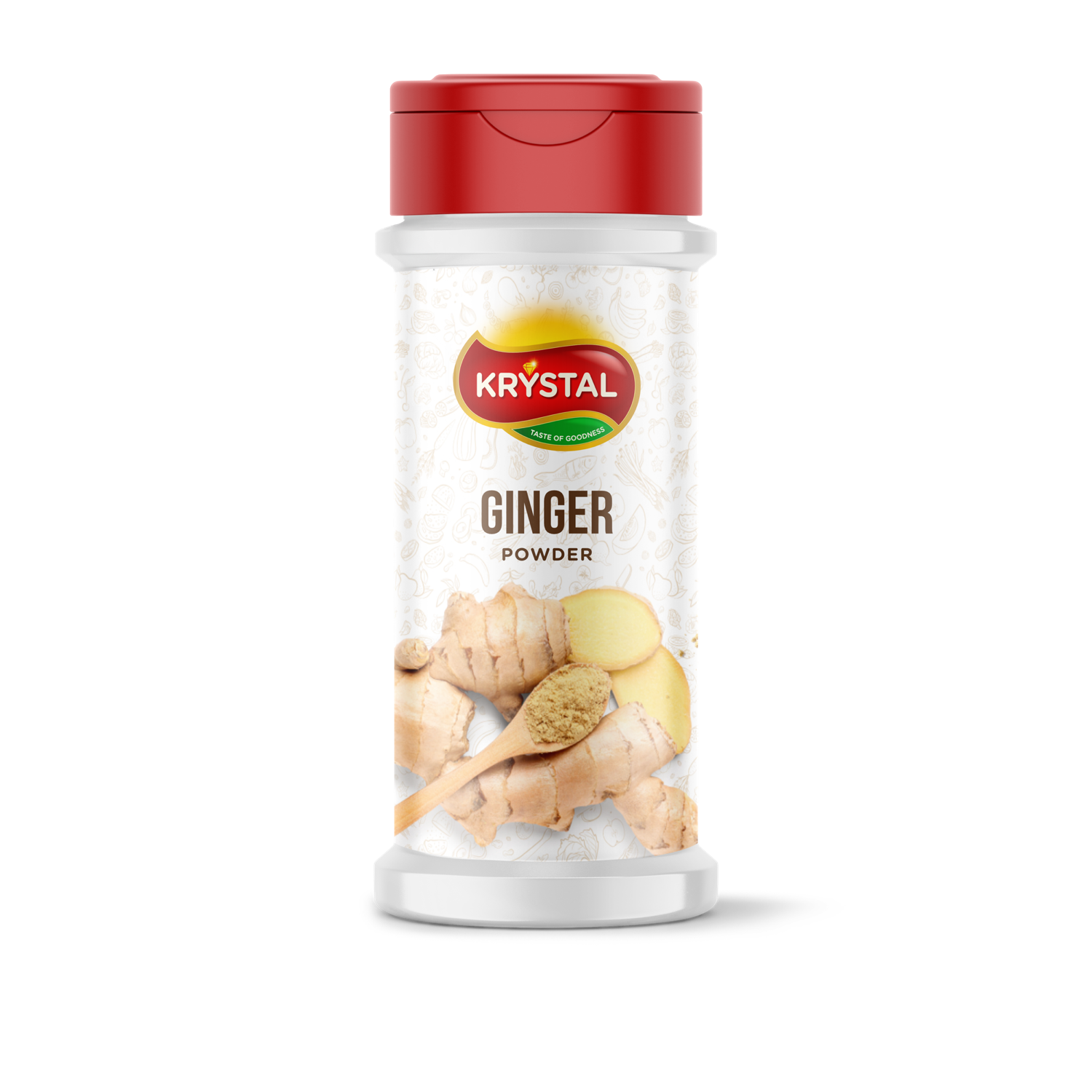 Bottle of Krystal Ginger Powder with a red cap, featuring ginger root.