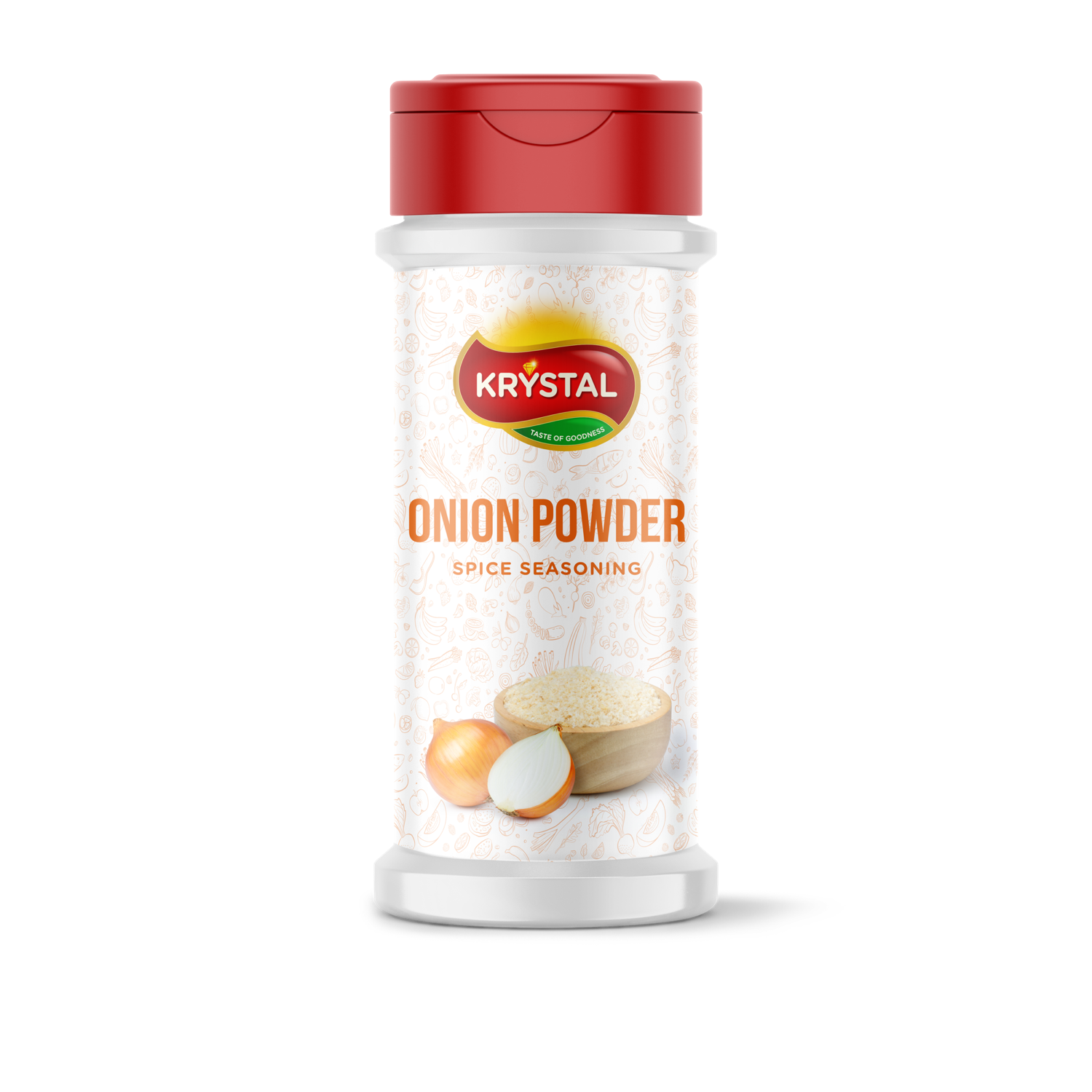 Krystal brand onion powder shaker with red lid. Includes onions and onion powder.