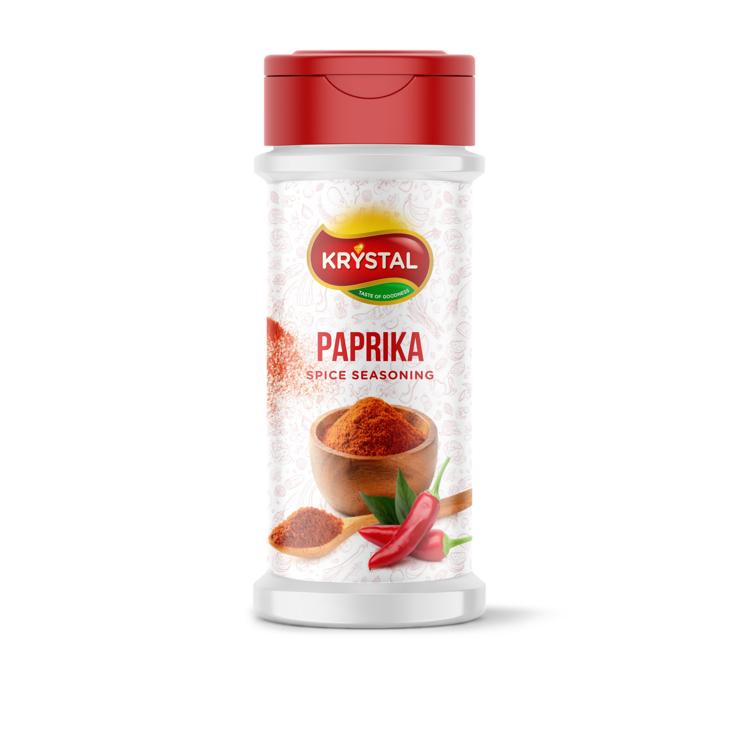 Paprika spice container. Red lid, white body with paprika graphic, red peppers, and a wooden bowl.