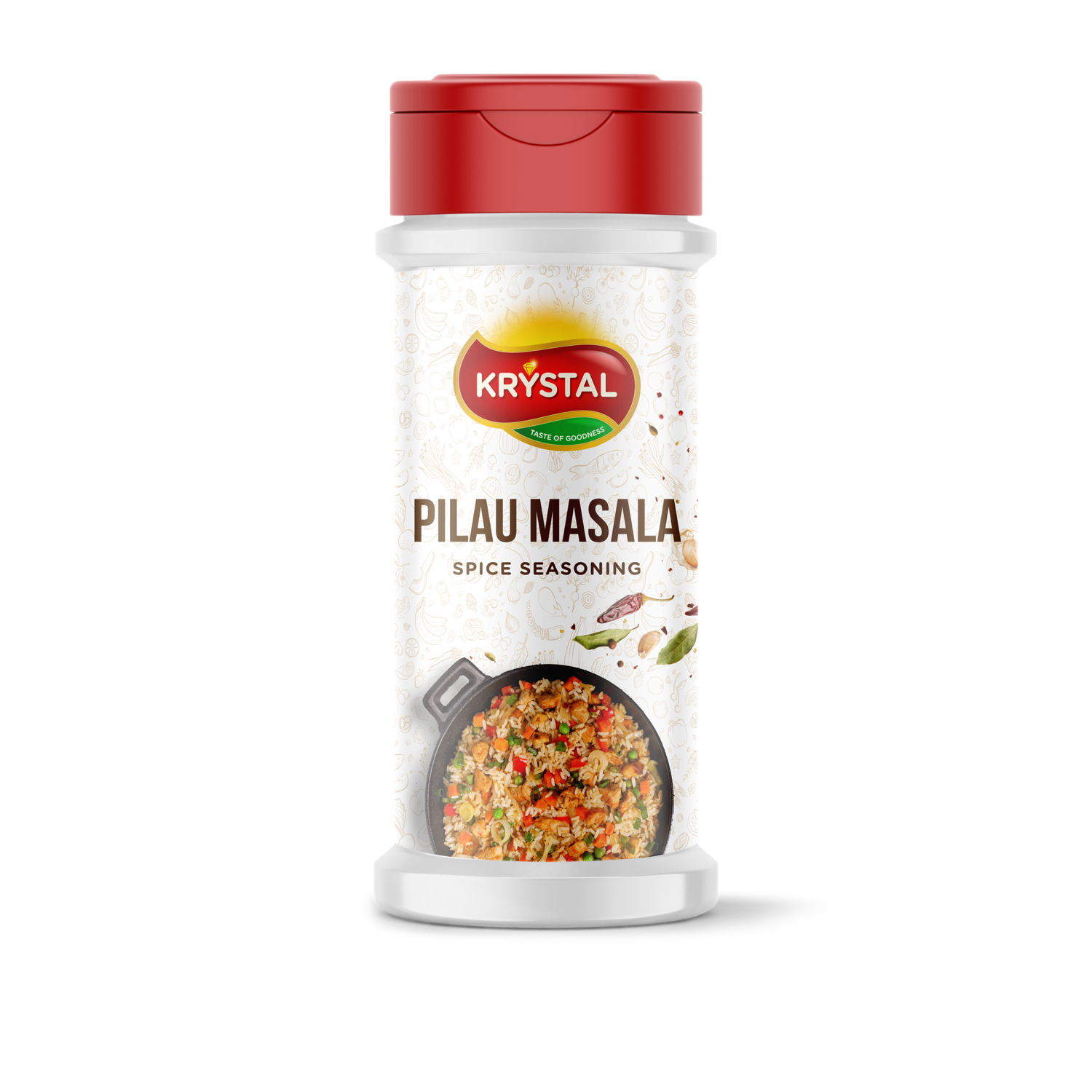 Bottle of Krystal Pilau Masala spice seasoning with red cap, white bottle, and label showing prepared pilau.