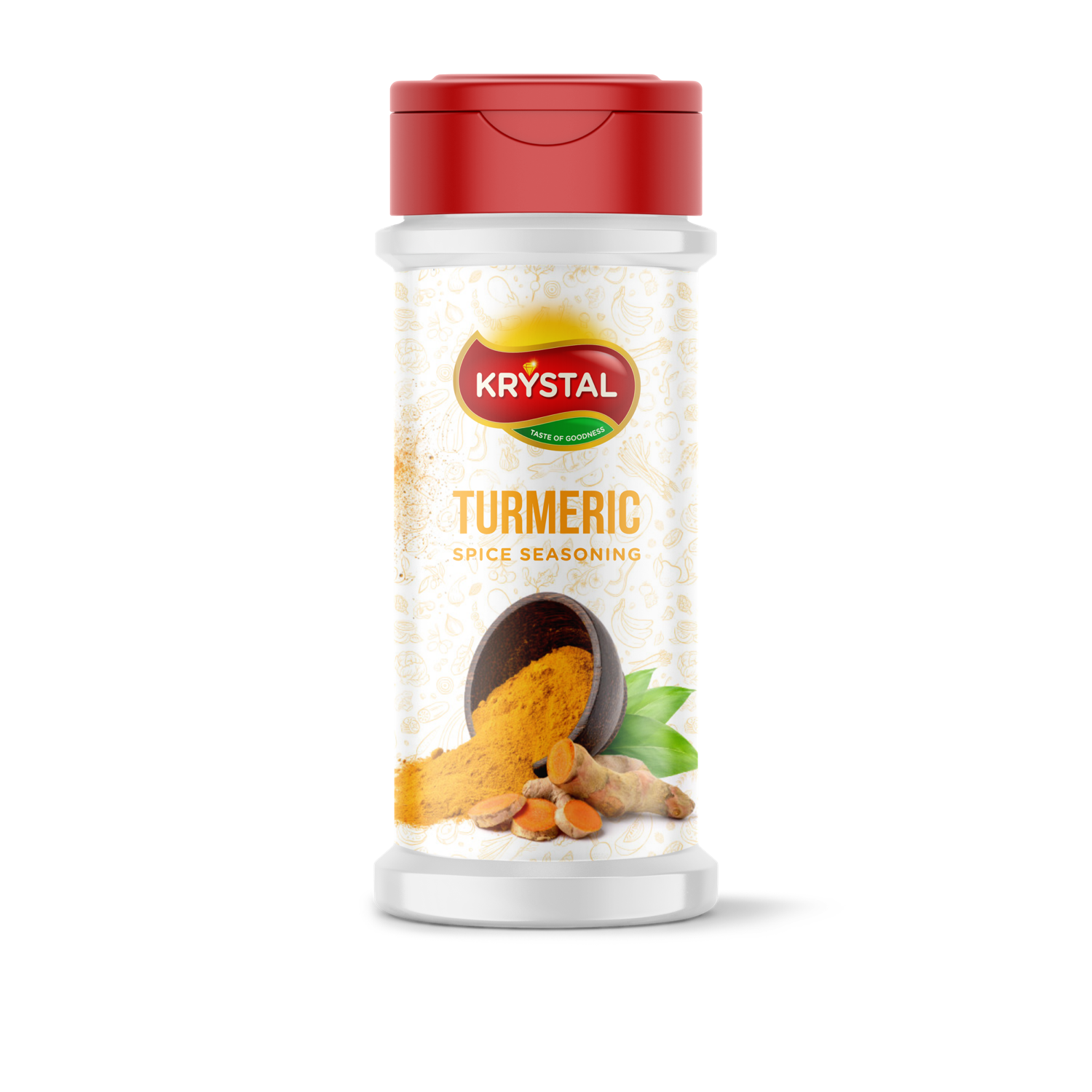 Krystal brand turmeric spice container. White with red lid, shows turmeric powder, roots, and leaves.