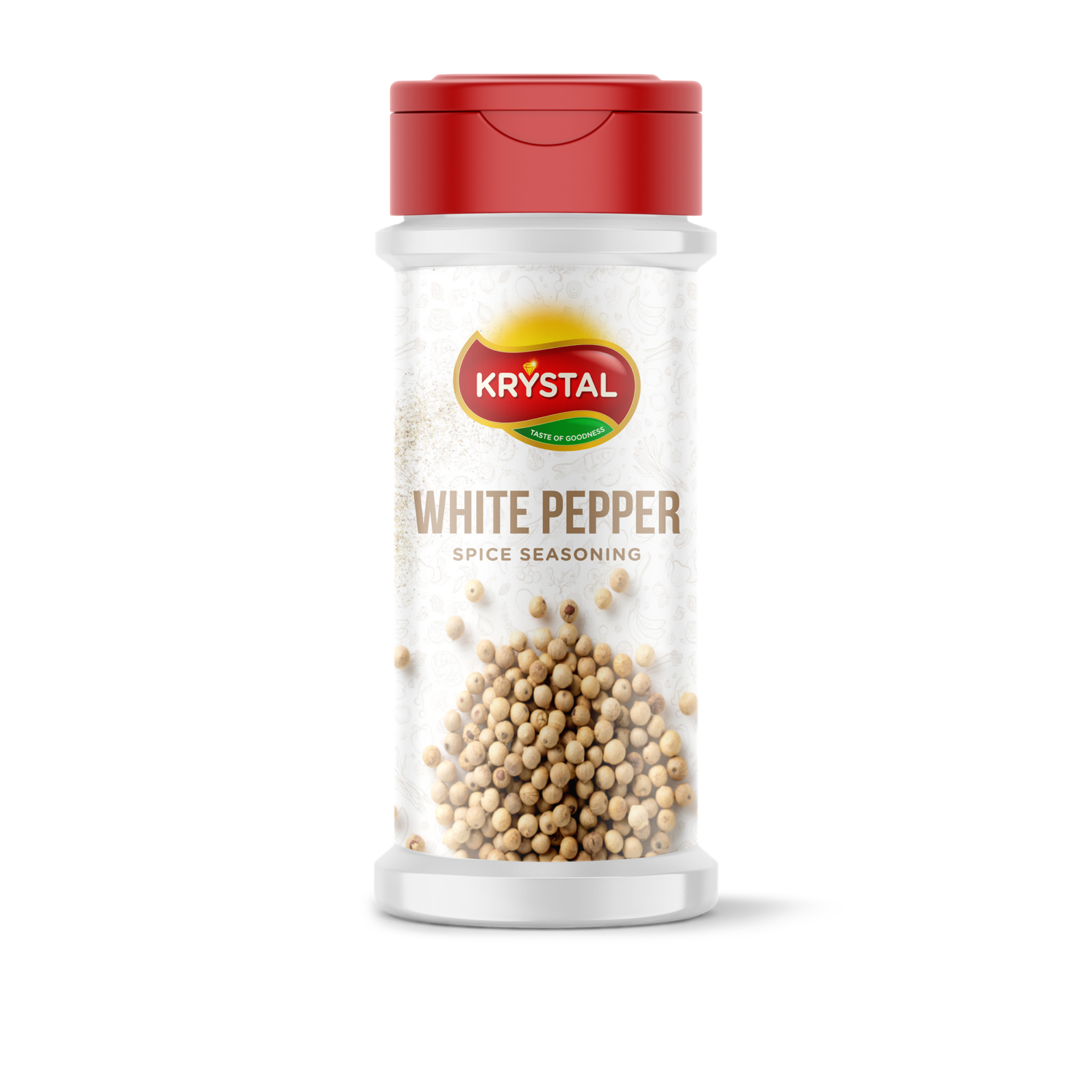 White pepper spice bottle with red cap, Krystal brand label, white peppercorns visible.