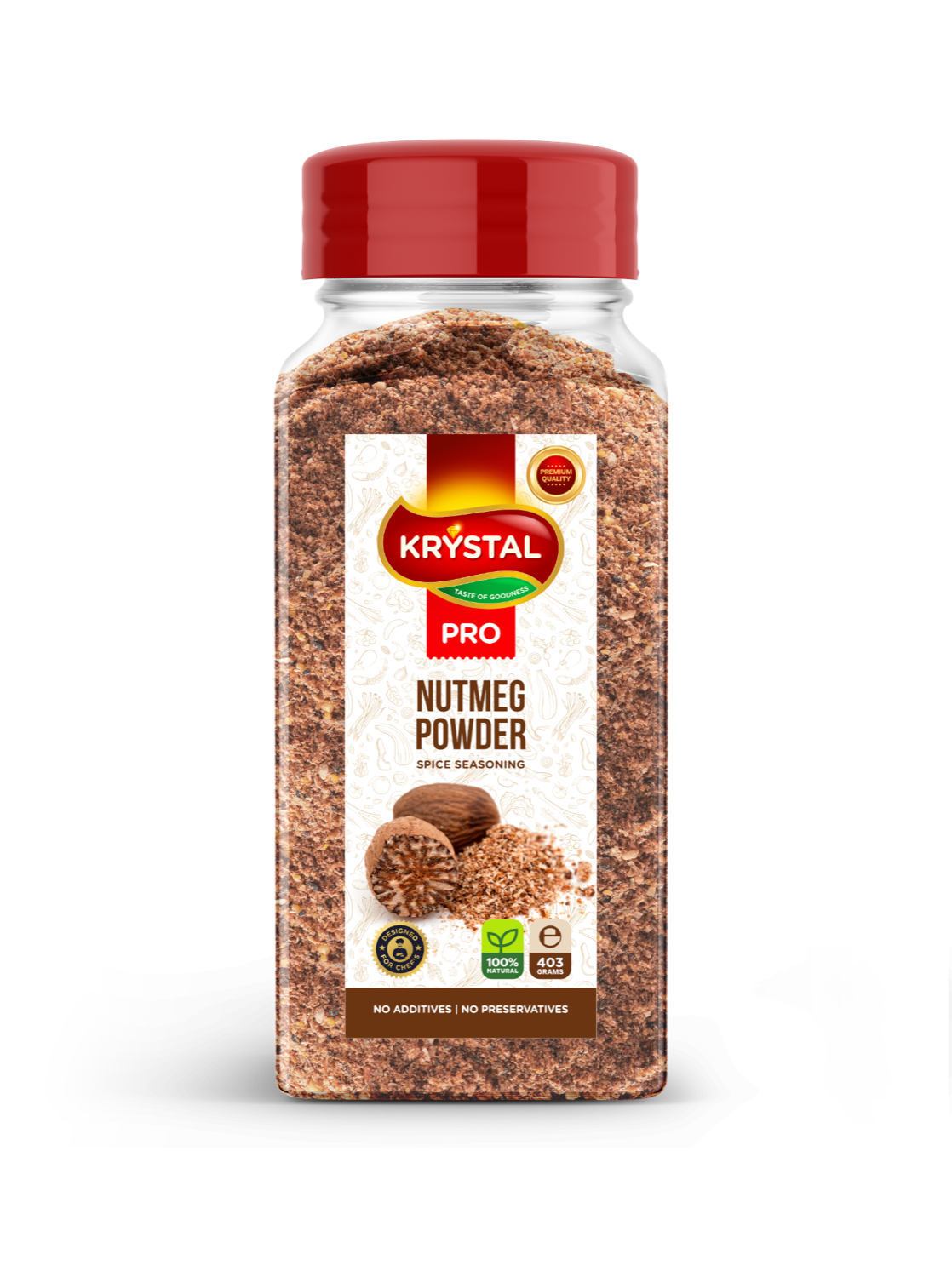Bottle of Krystal Pro nutmeg powder, brown powder visible, red cap, white label with text and images.