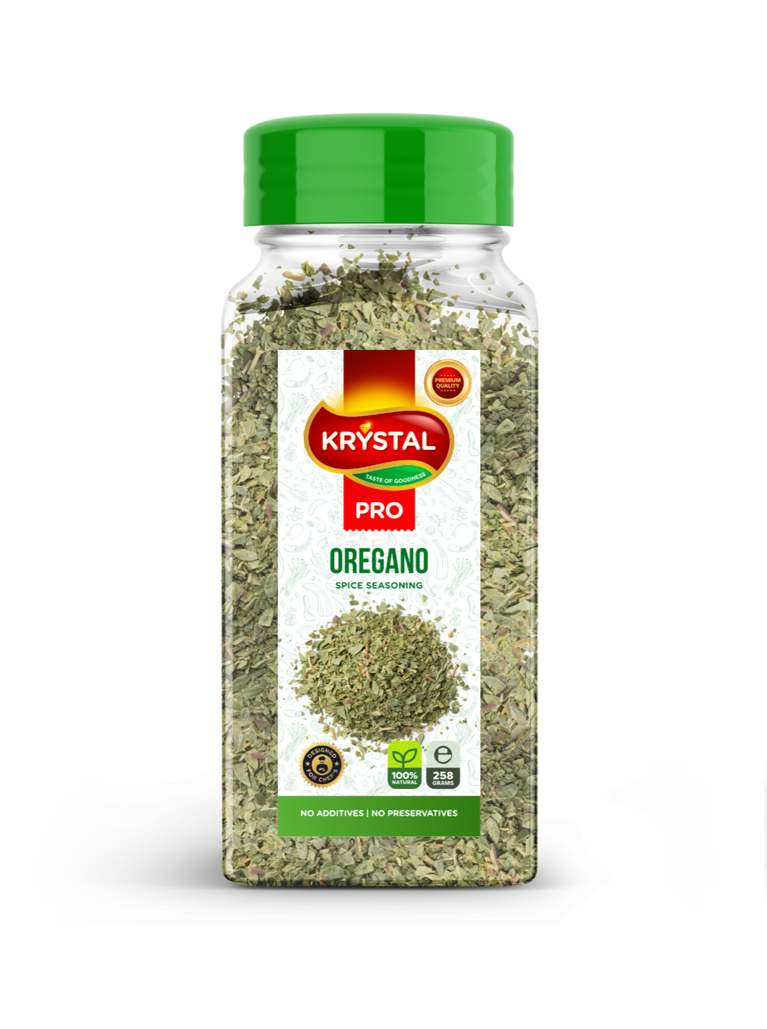 Oregano spice container, Krystal Pro brand, green lid, with a label and dried herb inside.