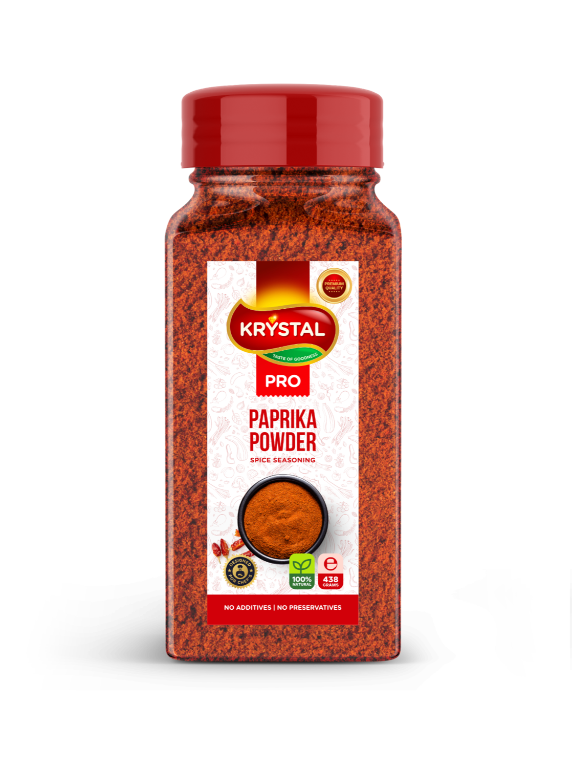 Paprika powder container, red and white label, red cap, contents visible, 