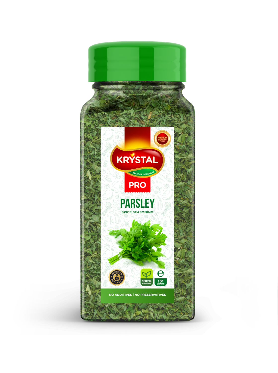 Jar of dried parsley from Krystal Pro, green cap, white label, green herbs visible.