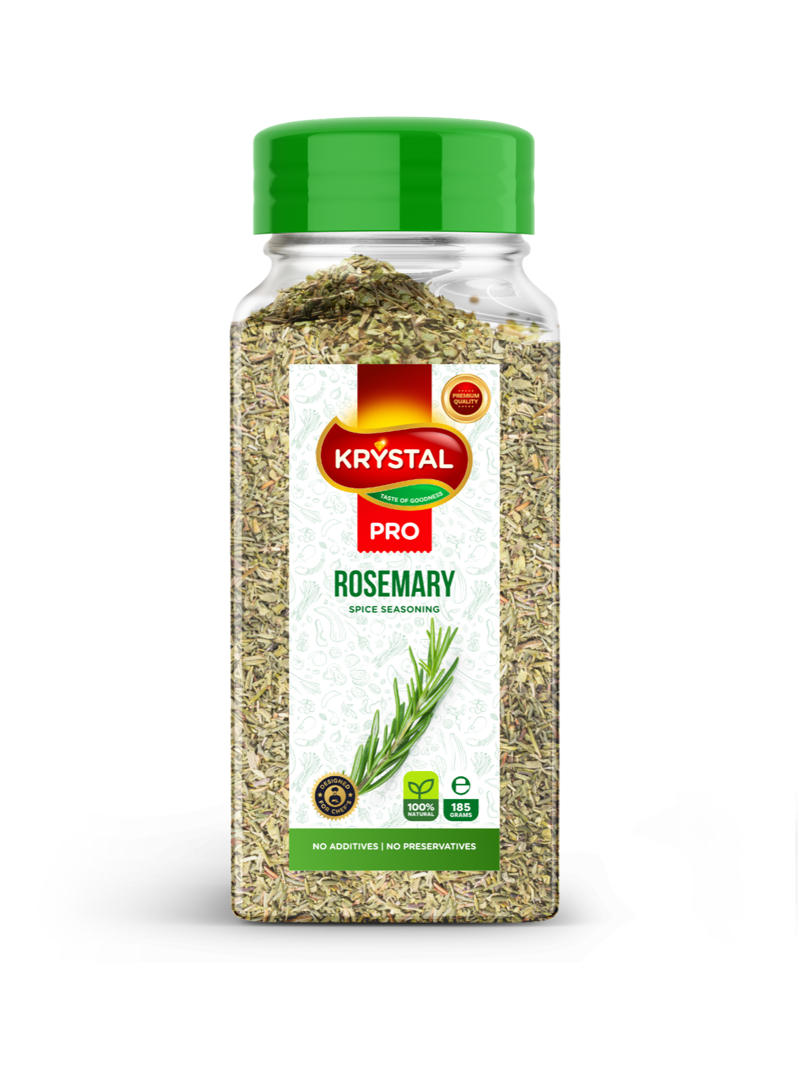 Jar of Krystal Pro rosemary, green lid, white label with text and rosemary sprig illustration.