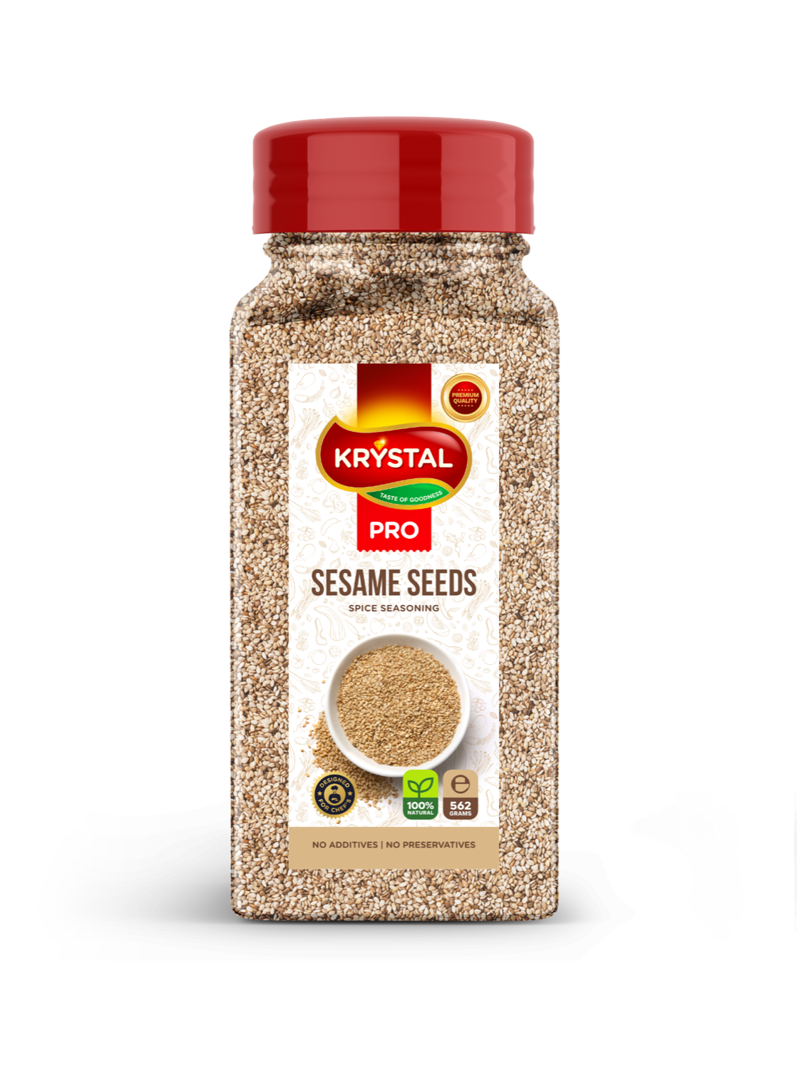 Jar of sesame seeds, labeled 