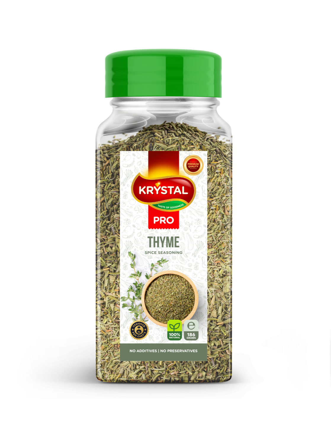 A clear plastic jar of dried thyme with a green lid and a label with the 