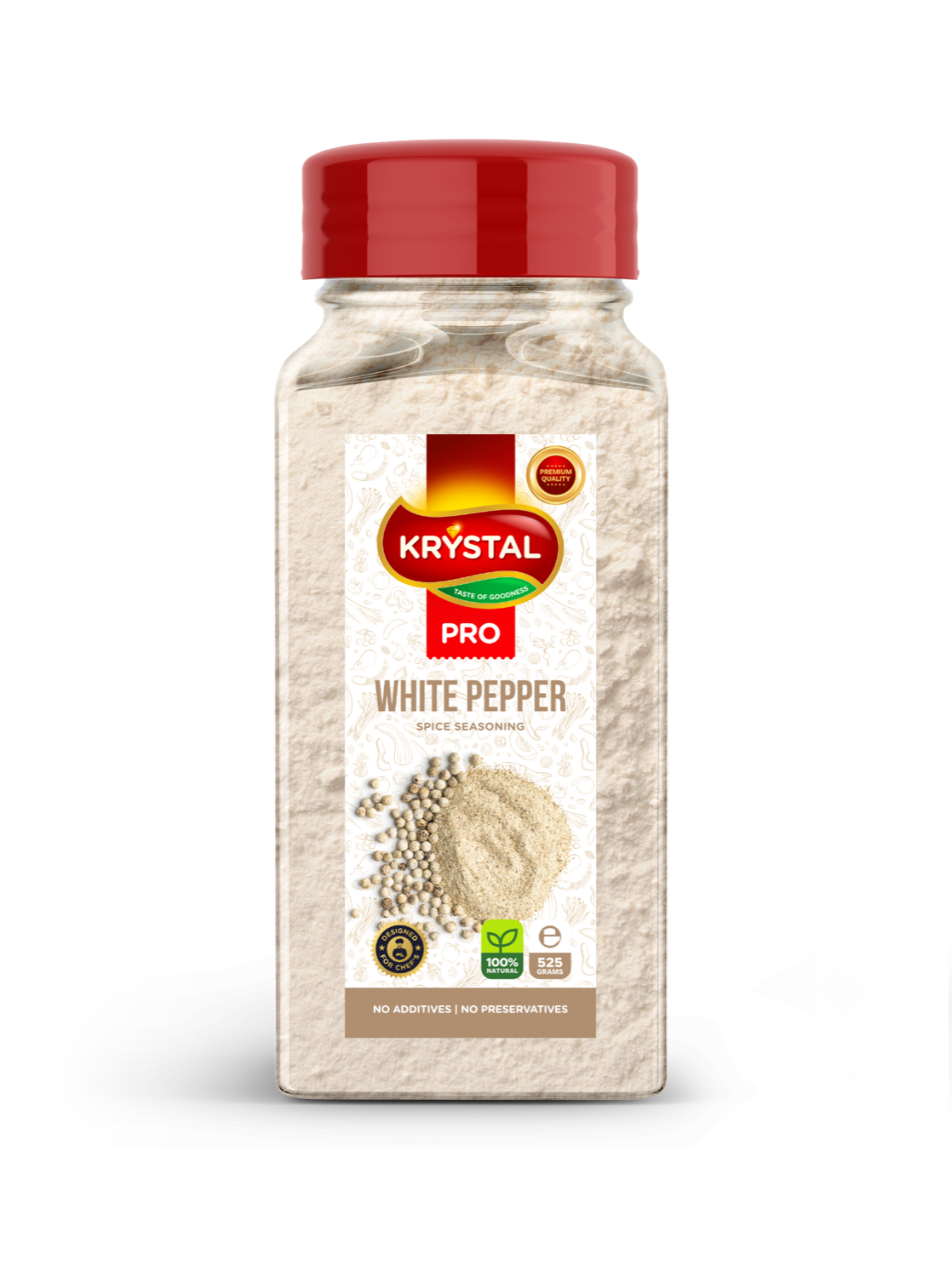 Jar of Krystal Pro white pepper. Beige powder, red lid, white label with text and pepper graphic.