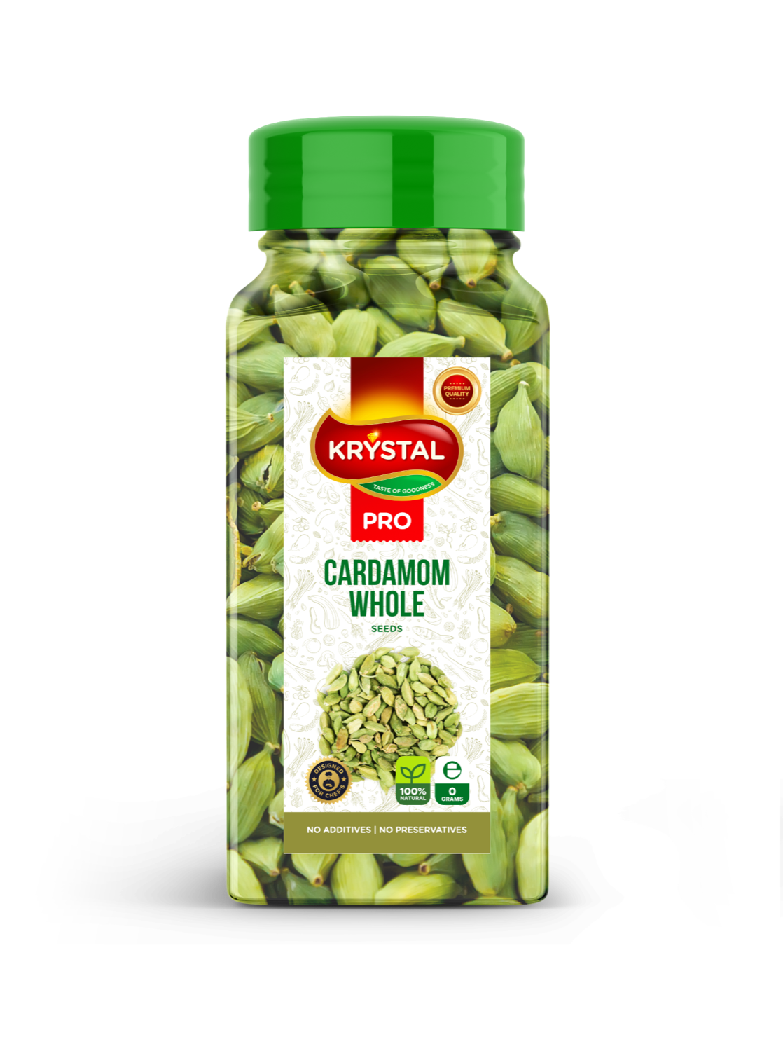 Green bottle of Krystal Pro Cardamom Whole spice.