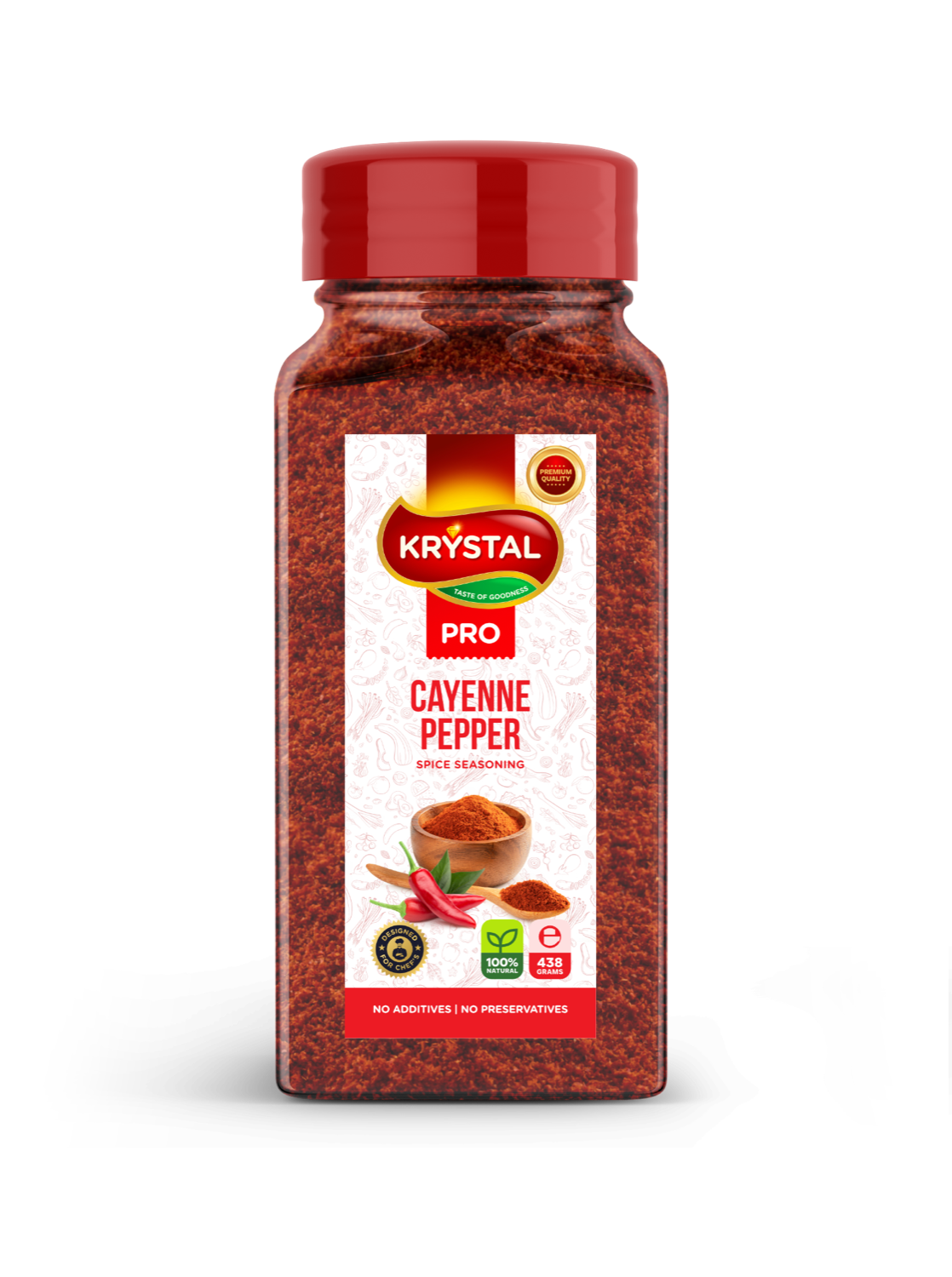 A jar of Krystal Pro cayenne pepper with a red lid and label, containing red-colored powder.