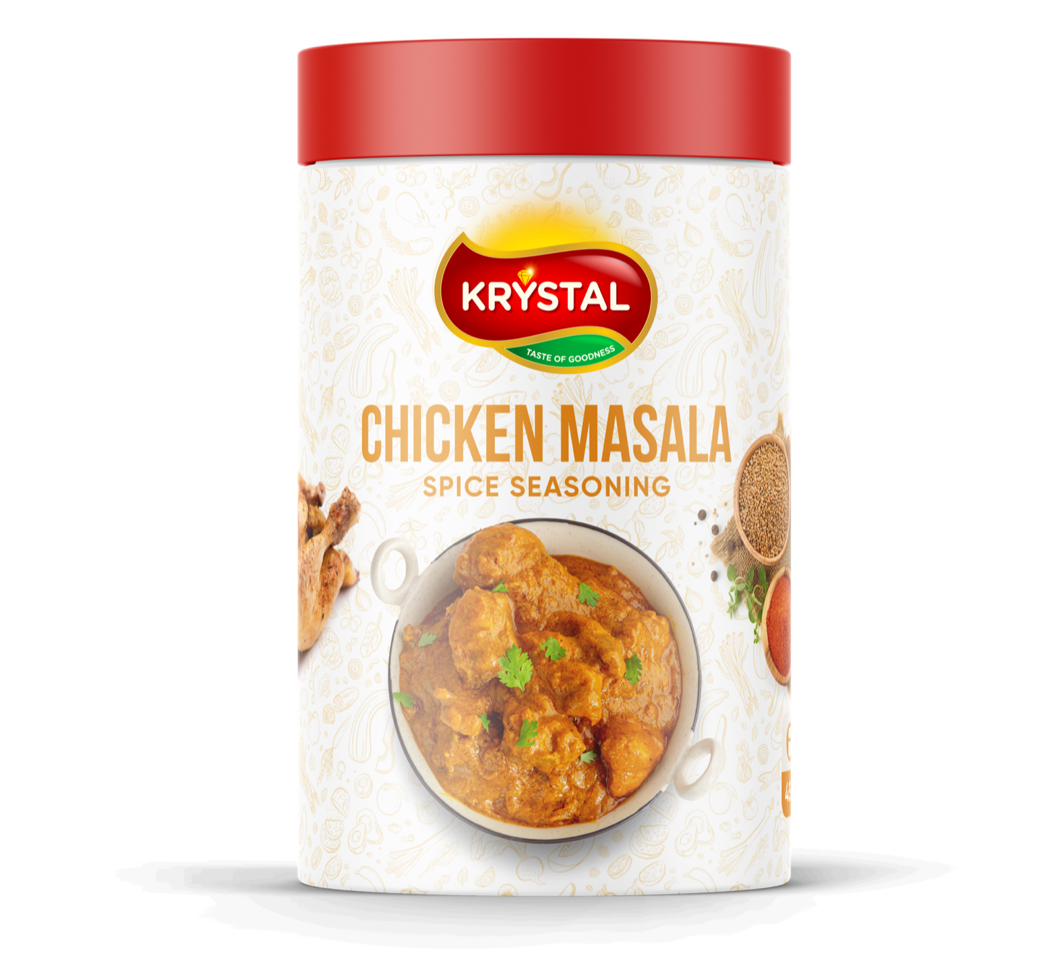 Krystal chicken masala spice seasoning container with chicken curry and spices.