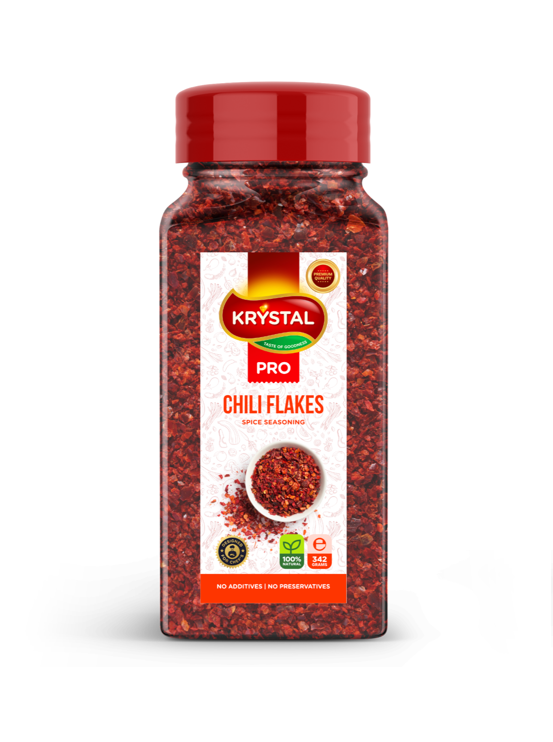 Red bottle of Krystal Pro Chili Flakes.