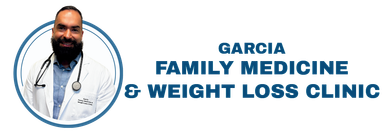 Logo for Garcia Family Medicine & Weight Loss Clinic with a doctor illustration and blue text