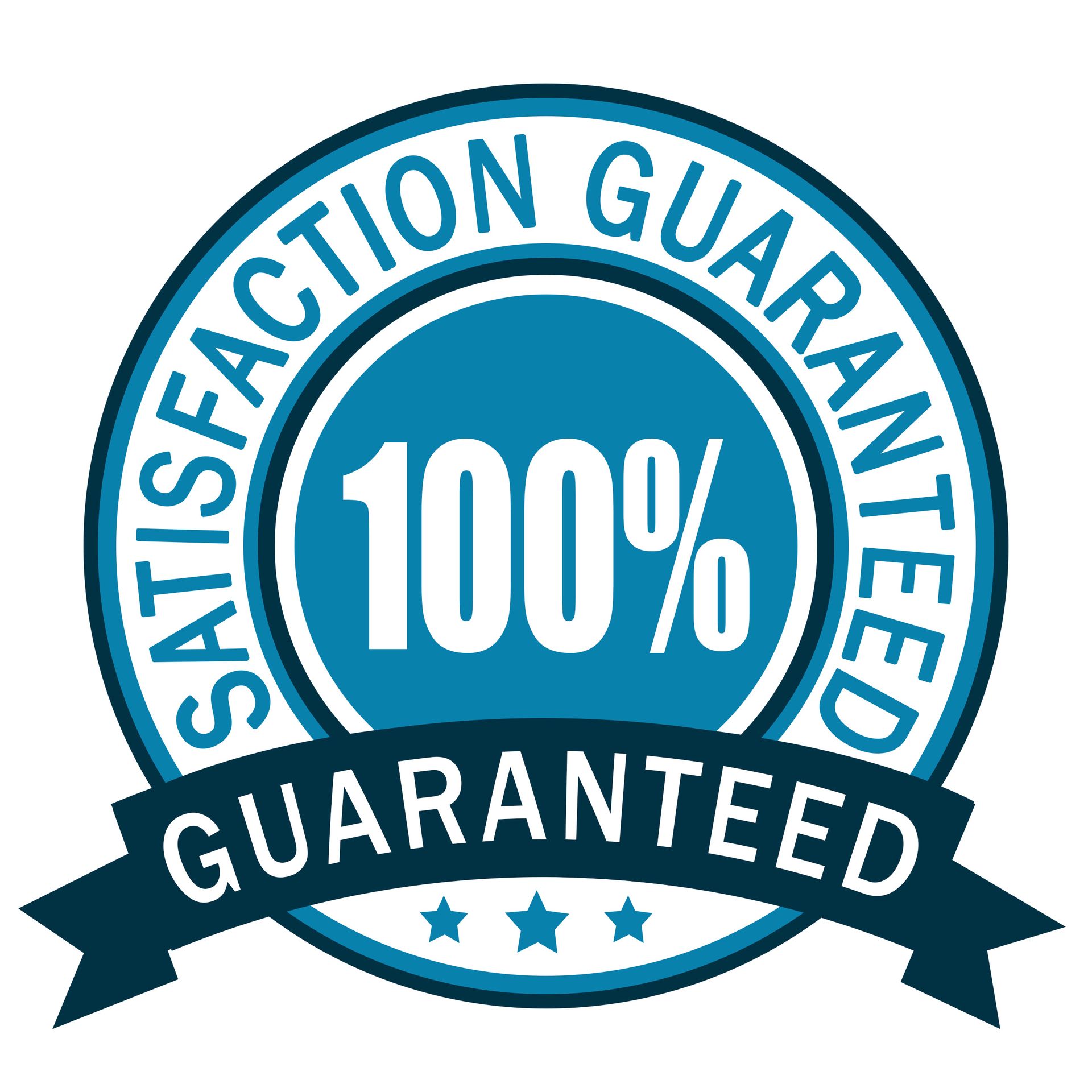 A blue satisfaction guaranteed badge with a black ribbon.
