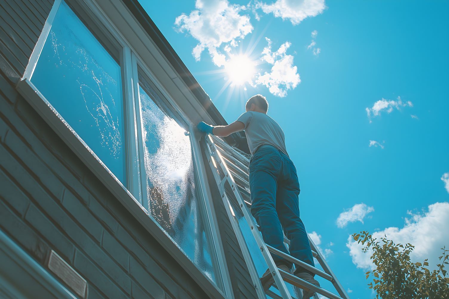 A man is cleaning a window on a ladder.