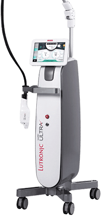 White medical laser machine on a wheeled stand with touchscreen display and articulated arm