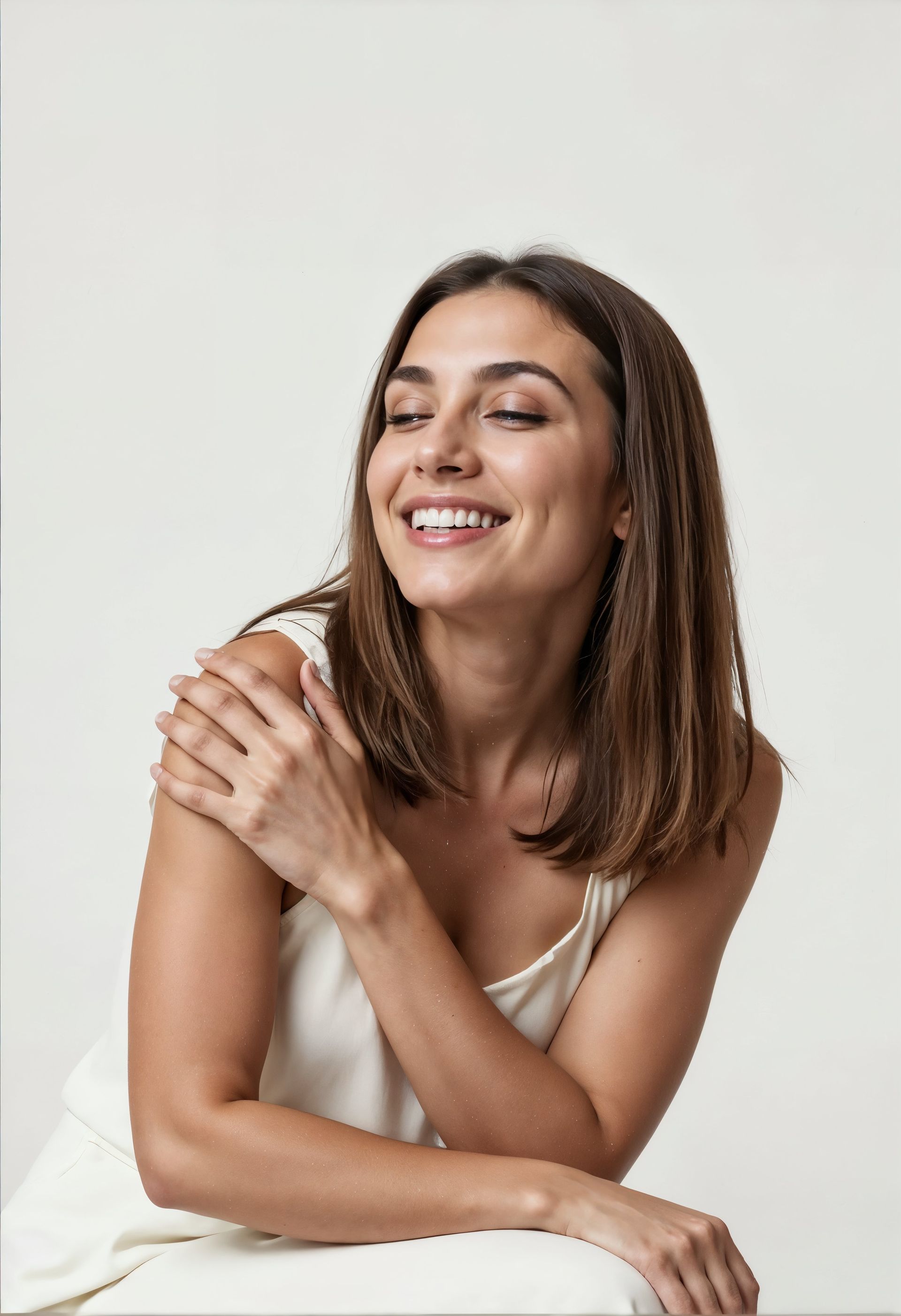 A woman in a white dress is sitting on a table with her arms crossed and smiling.