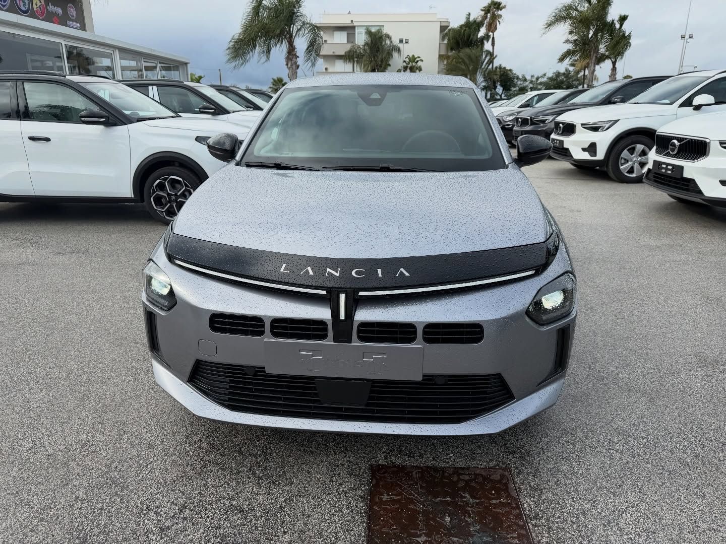 Una Lancia argentata, vista frontale, parcheggiata all'esterno. Ha una protezione nera per il cofano e il logo Lancia sulla parte superiore.